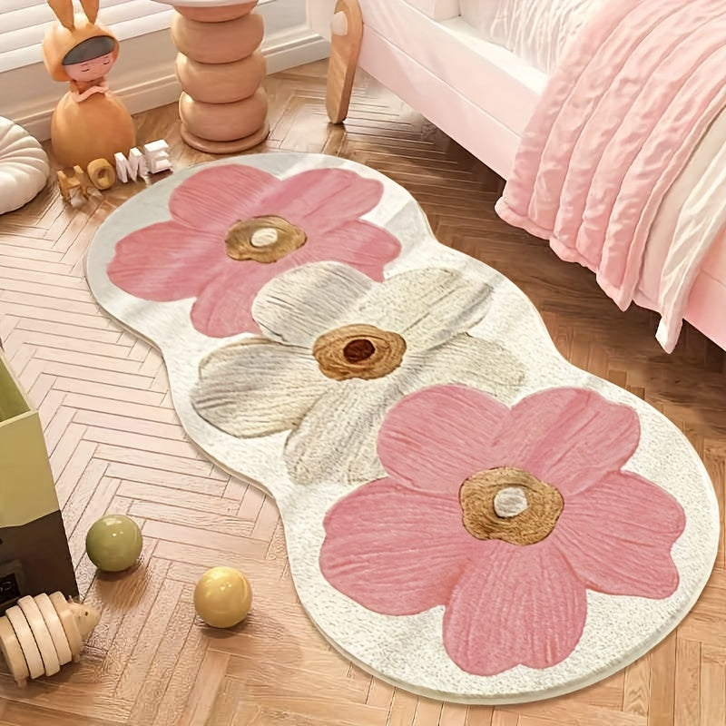 1000g 10mm Polyester Fluffy Floral Area Rug for Bedroom, Indoor Use, Machine Washable, Non Slip, Irregular Shape